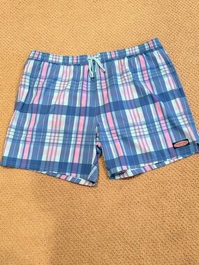 Vineyard Vines Blue Plaid Swim Trunks with Pink Accents